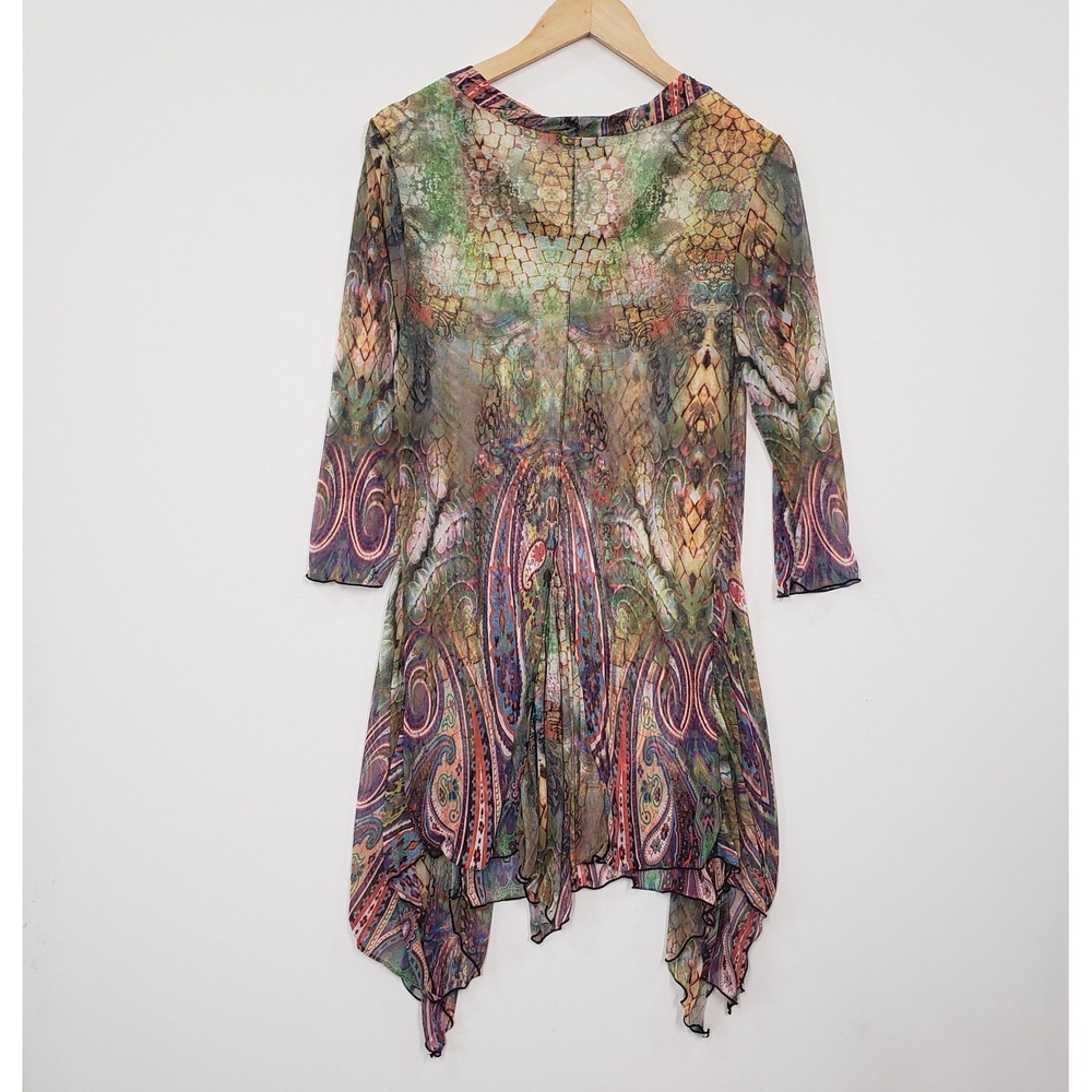 Camille & Co Mesh Tunic Top Medium Multicolor Paisley Sharkbite Hem 3/4 Sleeve - Picture 3 of 6